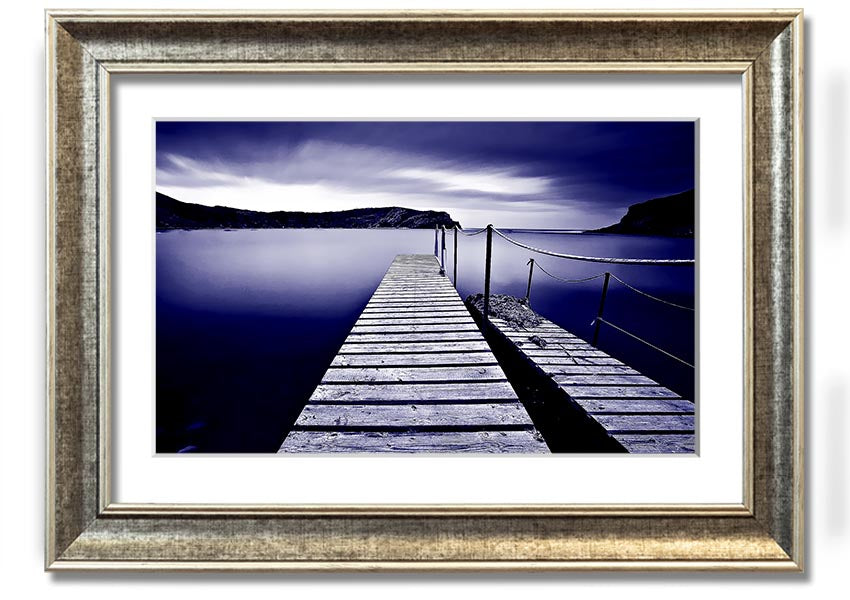 Abstract Pier Purple framed print showcasing a serene pier design in vibrant purple hues, elegantly framed and ready to hang.