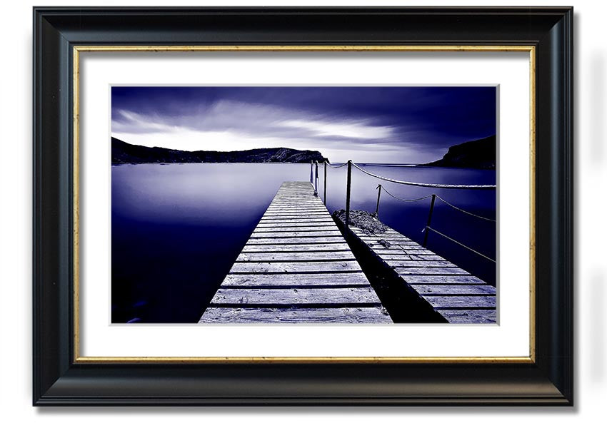 Abstract Pier Purple framed print showcasing a serene pier design in vibrant purple hues, elegantly framed and ready to hang.