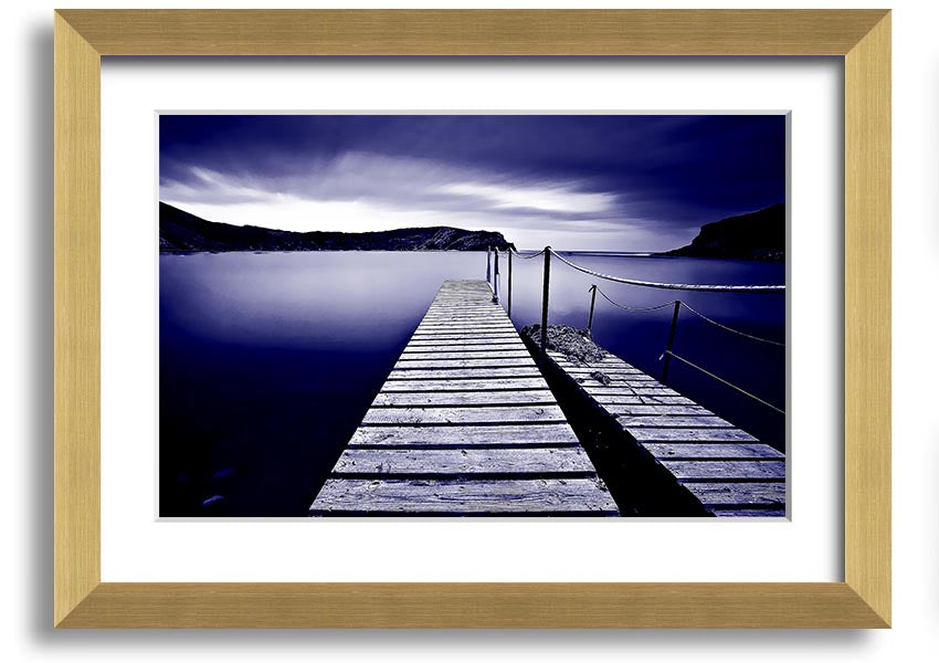 Abstract Pier Purple framed print showcasing a serene pier design in vibrant purple hues, elegantly framed and ready to hang.