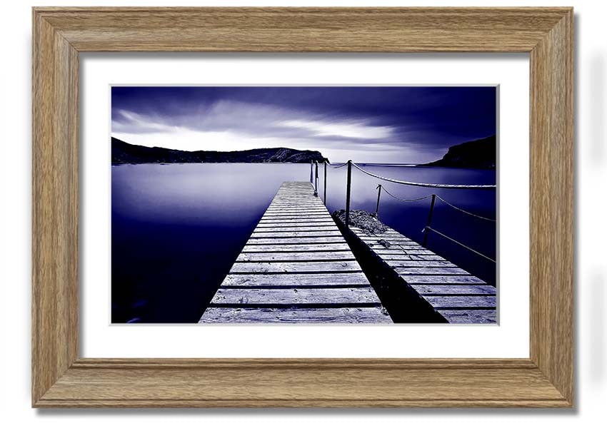 Abstract Pier Purple framed print showcasing a serene pier design in vibrant purple hues, elegantly framed and ready to hang.