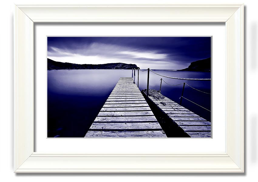 Abstract Pier Purple framed print showcasing a serene pier design in vibrant purple hues, elegantly framed and ready to hang.