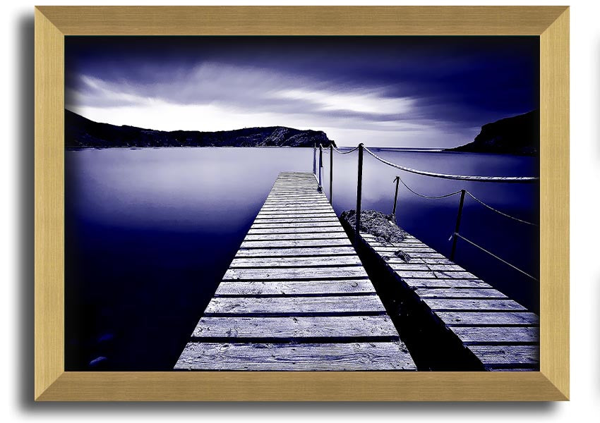 Abstract Pier Purple framed print showcasing a serene pier design in vibrant purple hues, elegantly framed and ready to hang.