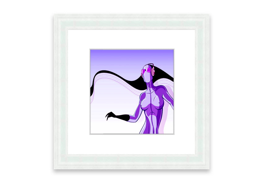 Framed print of an abstract purple alien design, showcasing vibrant colors and unique artistry, ready to hang.