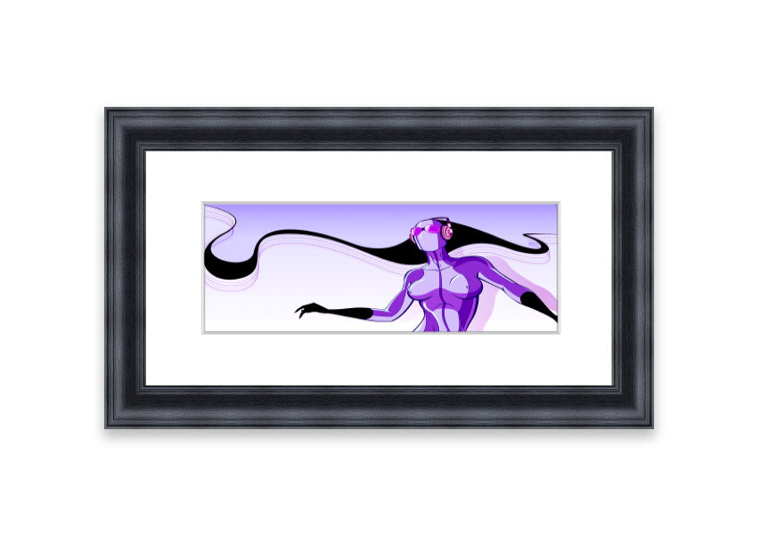 Framed print of an abstract purple alien design, showcasing vibrant colors and unique artistry, ready to hang.