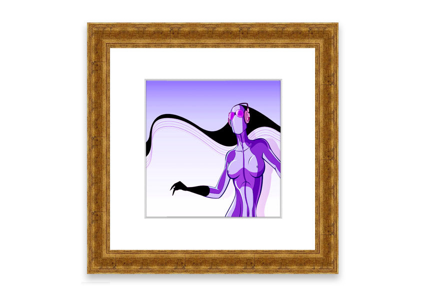 Framed print of an abstract purple alien design, showcasing vibrant colors and unique artistry, ready to hang.