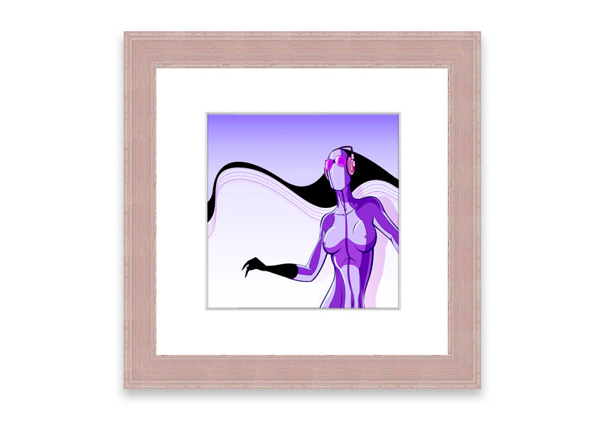 Framed print of an abstract purple alien design, showcasing vibrant colors and unique artistry, ready to hang.