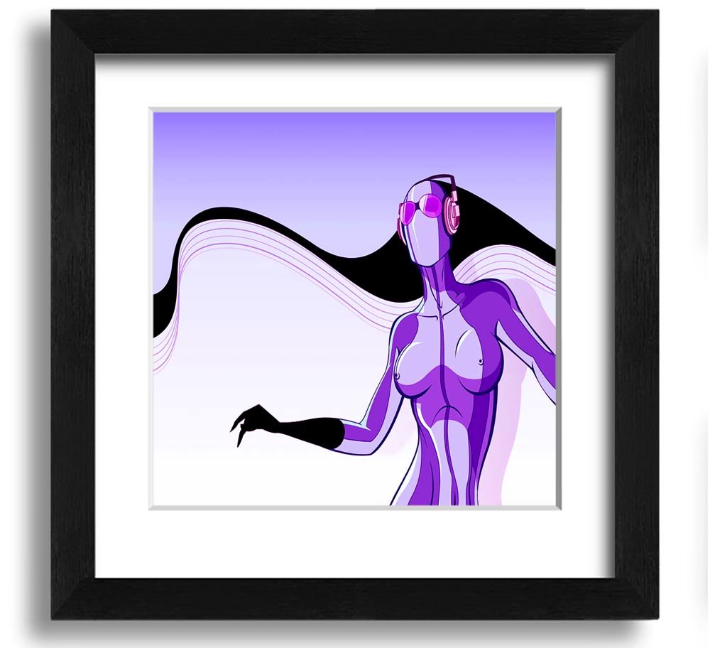 A vibrant abstract artwork featuring a purple alien design in a square frame, showcasing modern artistic flair.