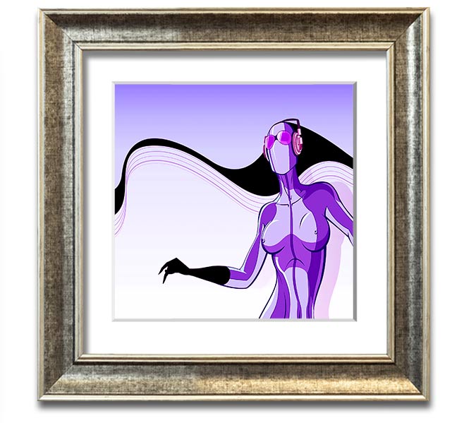 A vibrant abstract artwork featuring a purple alien design in a square frame, showcasing modern artistic flair.