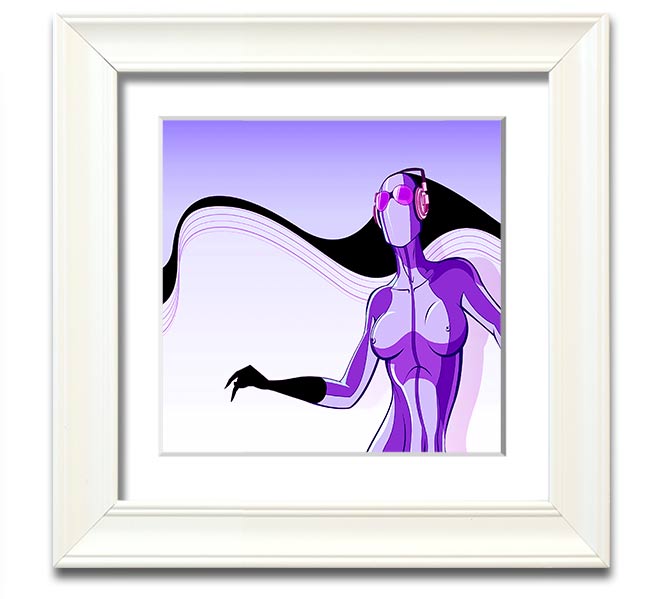 A vibrant abstract artwork featuring a purple alien design in a square frame, showcasing modern artistic flair.