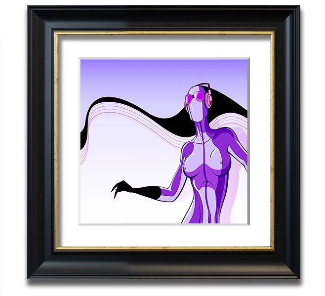 A vibrant abstract artwork featuring a purple alien design in a square frame, showcasing modern artistic flair.