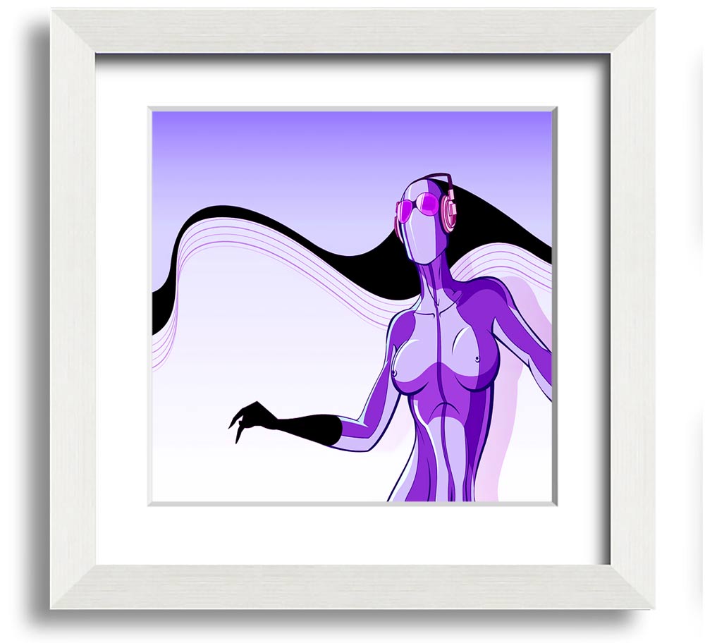 A vibrant abstract artwork featuring a purple alien design in a square frame, showcasing modern artistic flair.