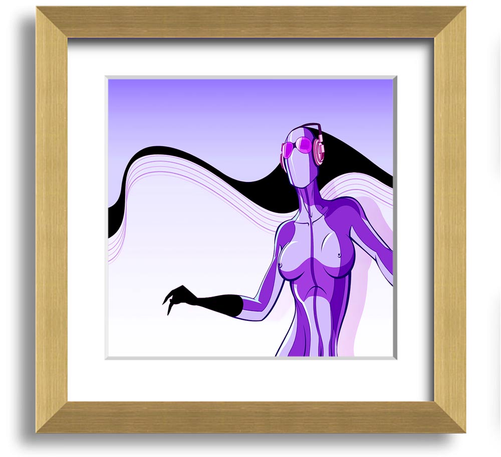 A vibrant abstract artwork featuring a purple alien design in a square frame, showcasing modern artistic flair.