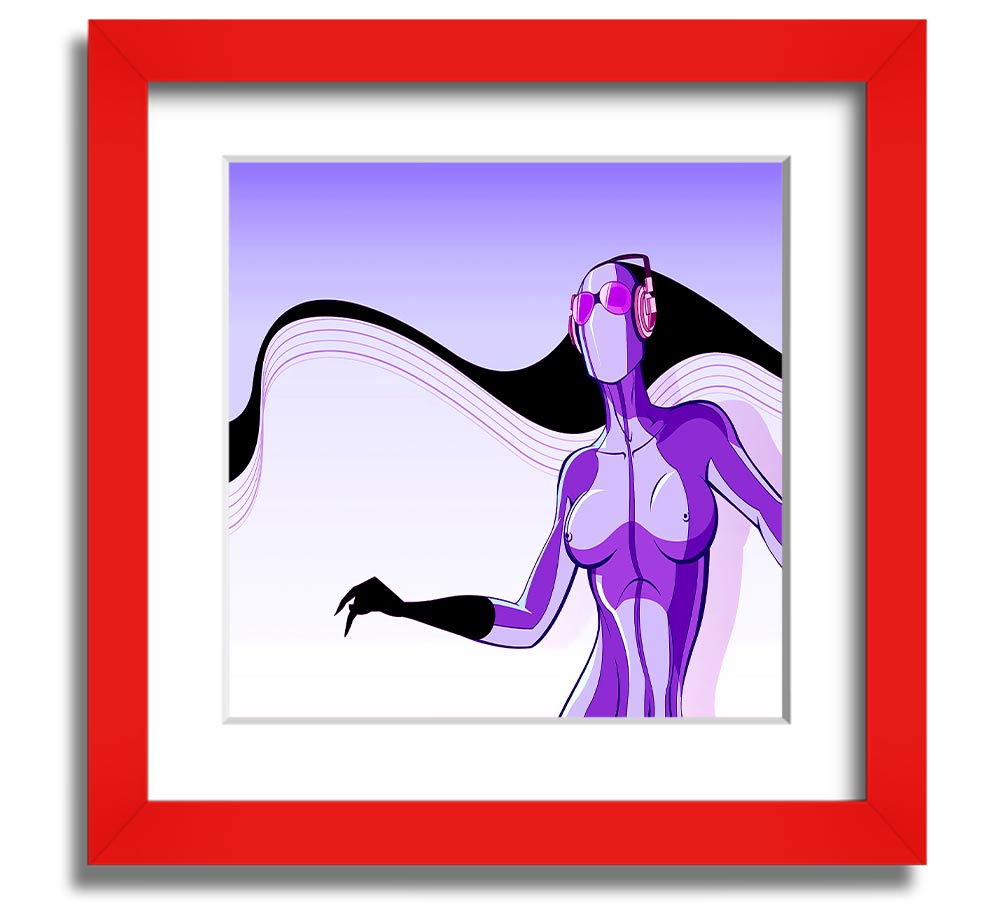 A vibrant abstract artwork featuring a purple alien design in a square frame, showcasing modern artistic flair.