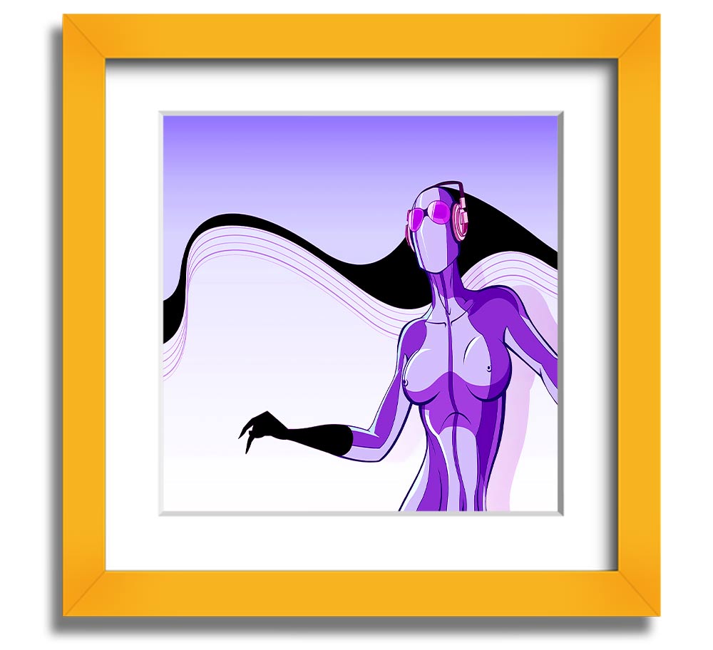 A vibrant abstract artwork featuring a purple alien design in a square frame, showcasing modern artistic flair.