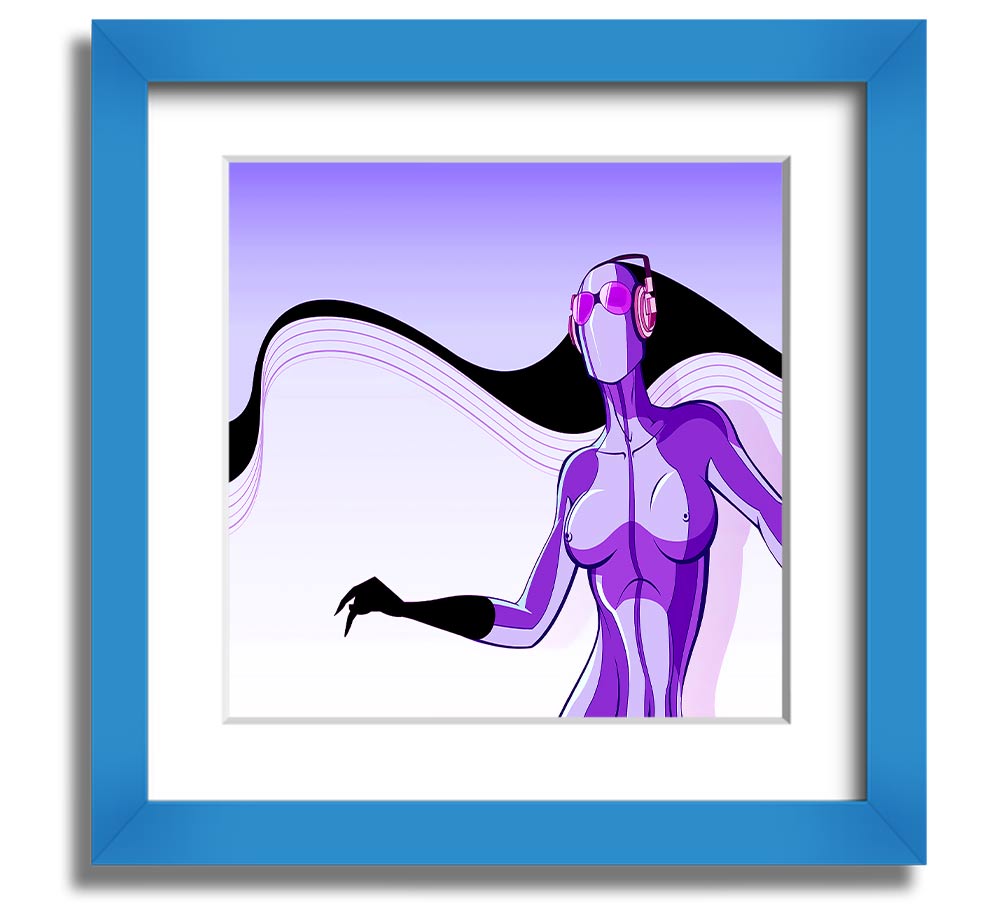 A vibrant abstract artwork featuring a purple alien design in a square frame, showcasing modern artistic flair.