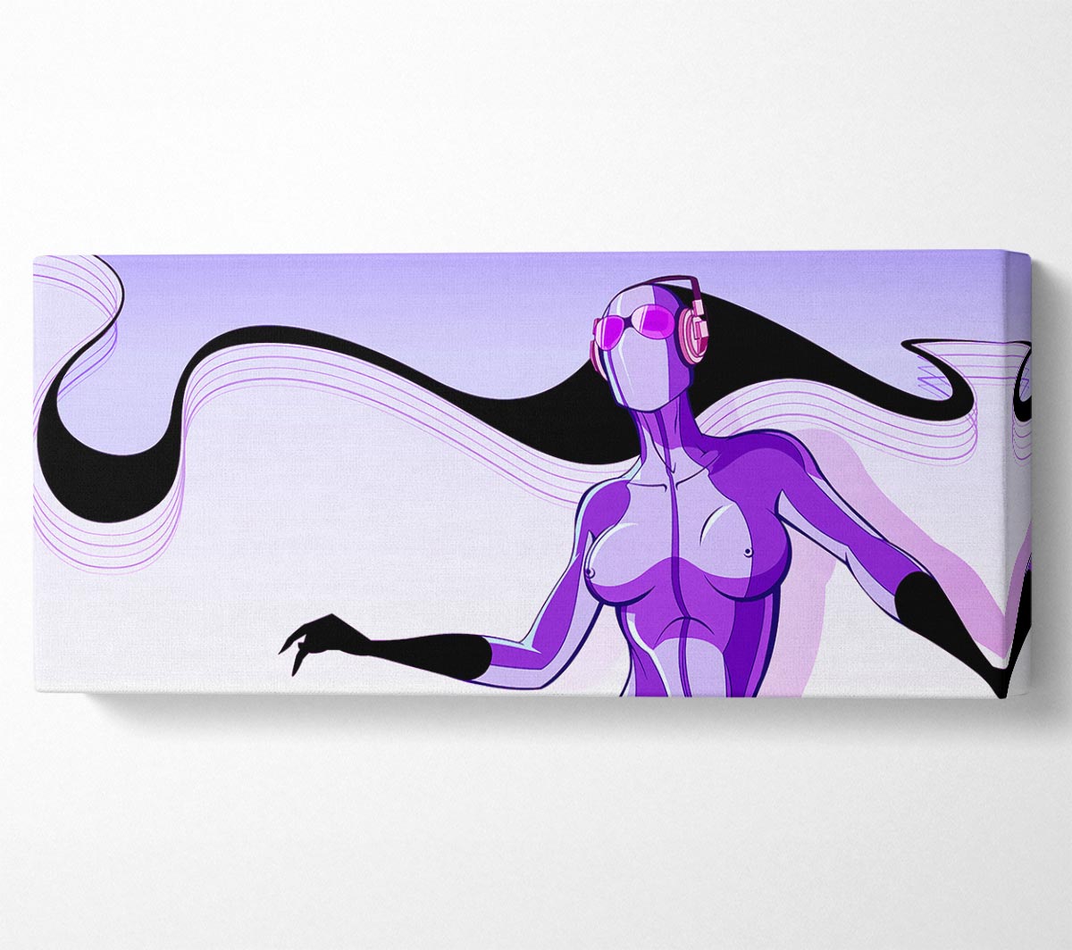 A vibrant abstract canvas featuring a purple alien design, mounted on a sturdy box frame, ready to hang.