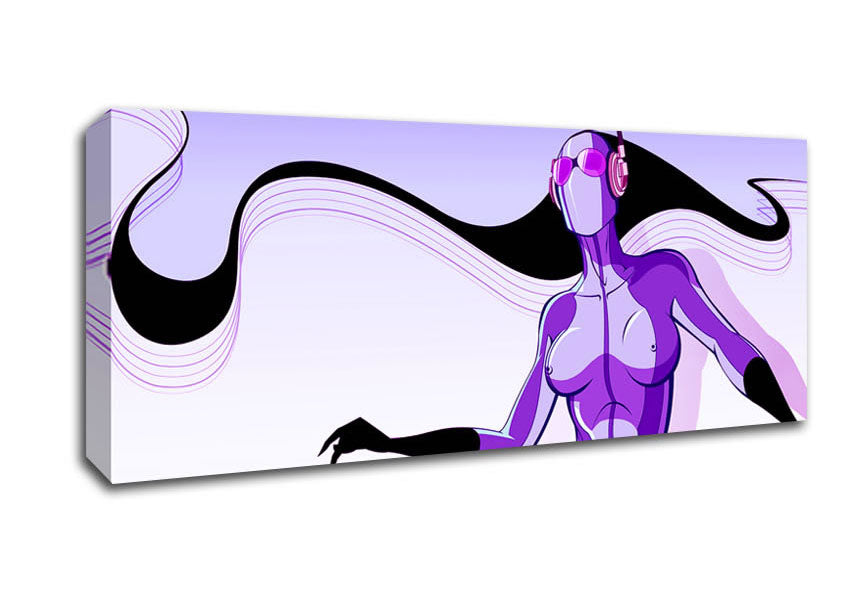 A vibrant abstract canvas featuring a purple alien design, mounted on a sturdy box frame, ready to hang.