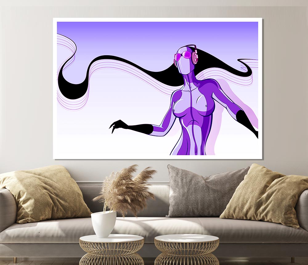 A vibrant abstract canvas poster featuring a purple alien design, showcasing intricate details and colors.