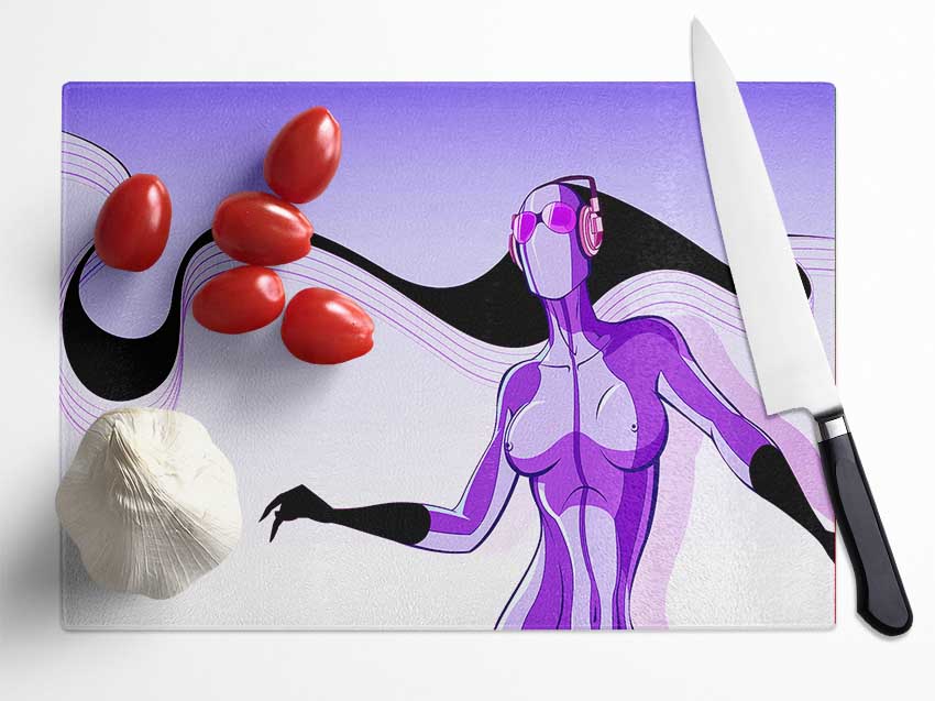 Abstract Purple Alien chopping board made of tempered glass with a unique design and anti-slip feet.