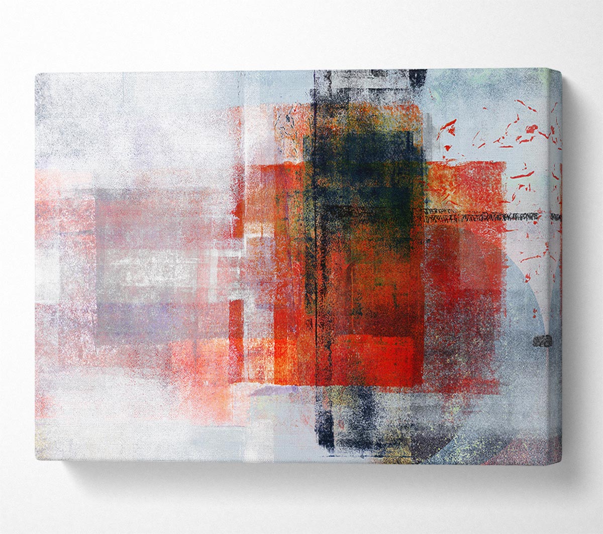 Abstract red square paint roller canvas art mounted on a 44mm box frame, ready to hang.