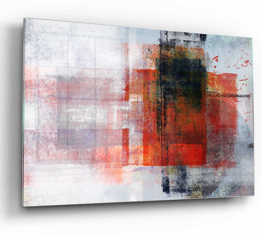 Abstract red square paint roller glass print showcasing modern design and vibrant colors.