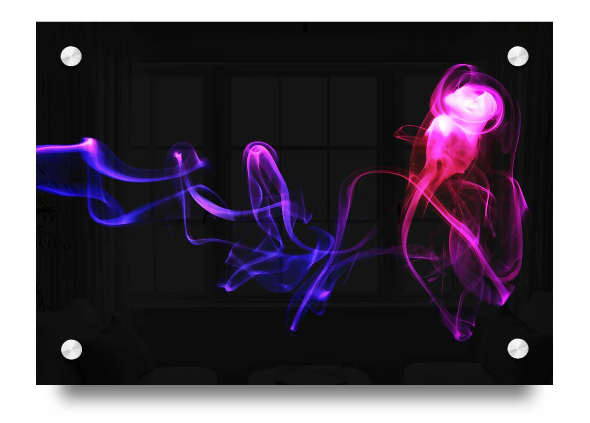 Abstract Smoke acrylic print showcasing fluid smoke patterns on 5mm thick acrylic glass, ready to hang.