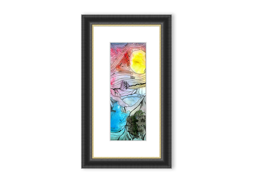 Framed print of an abstract sunset tree design, showcasing vibrant colors and a serene silhouette.