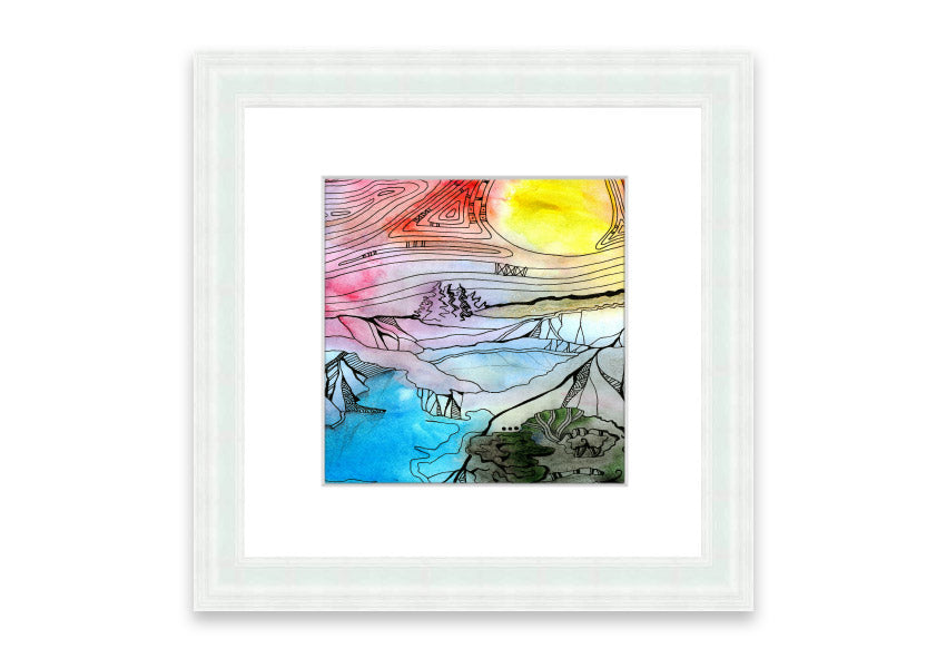 Framed print of an abstract sunset tree design, showcasing vibrant colors and a serene silhouette.