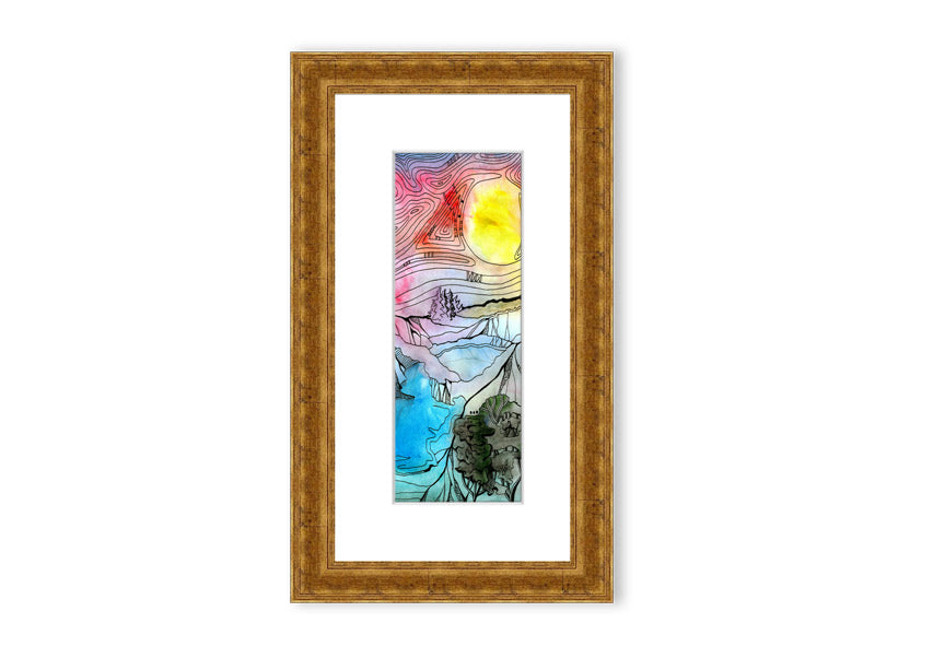 Framed print of an abstract sunset tree design, showcasing vibrant colors and a serene silhouette.