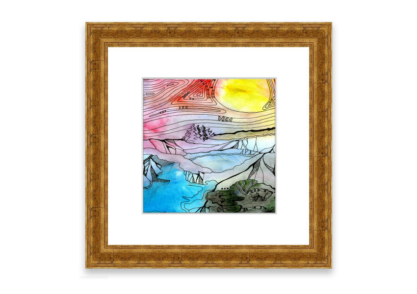 Framed print of an abstract sunset tree design, showcasing vibrant colors and a serene silhouette.