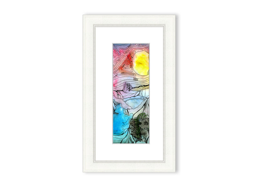 Framed print of an abstract sunset tree design, showcasing vibrant colors and a serene silhouette.