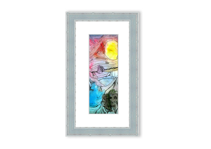 Framed print of an abstract sunset tree design, showcasing vibrant colors and a serene silhouette.