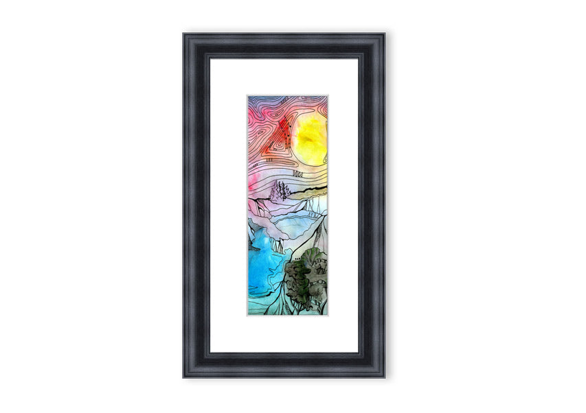 Framed print of an abstract sunset tree design, showcasing vibrant colors and a serene silhouette.