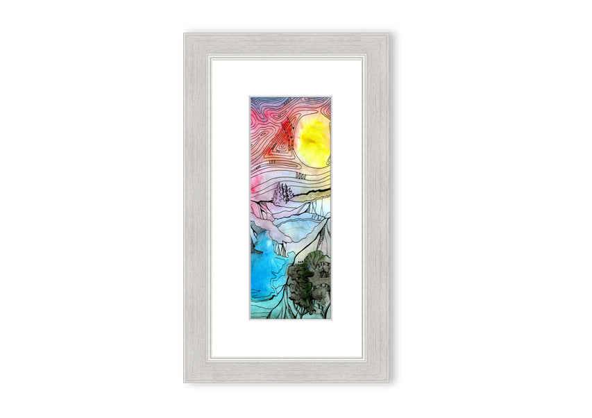 Framed print of an abstract sunset tree design, showcasing vibrant colors and a serene silhouette.