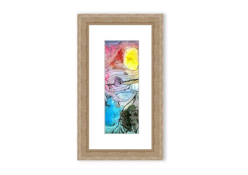 Framed print of an abstract sunset tree design, showcasing vibrant colors and a serene silhouette.