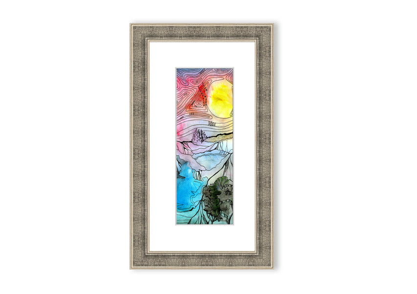 Framed print of an abstract sunset tree design, showcasing vibrant colors and a serene silhouette.