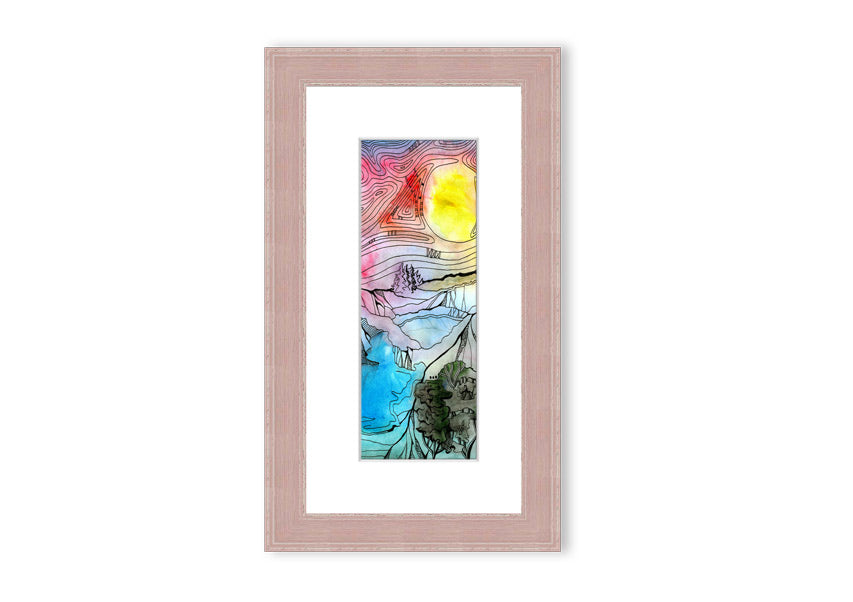 Framed print of an abstract sunset tree design, showcasing vibrant colors and a serene silhouette.