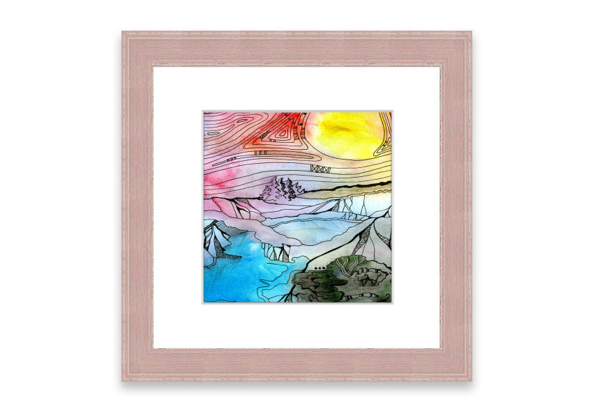 Framed print of an abstract sunset tree design, showcasing vibrant colors and a serene silhouette.