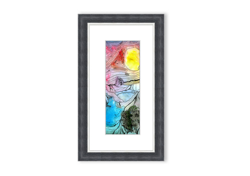 Framed print of an abstract sunset tree design, showcasing vibrant colors and a serene silhouette.