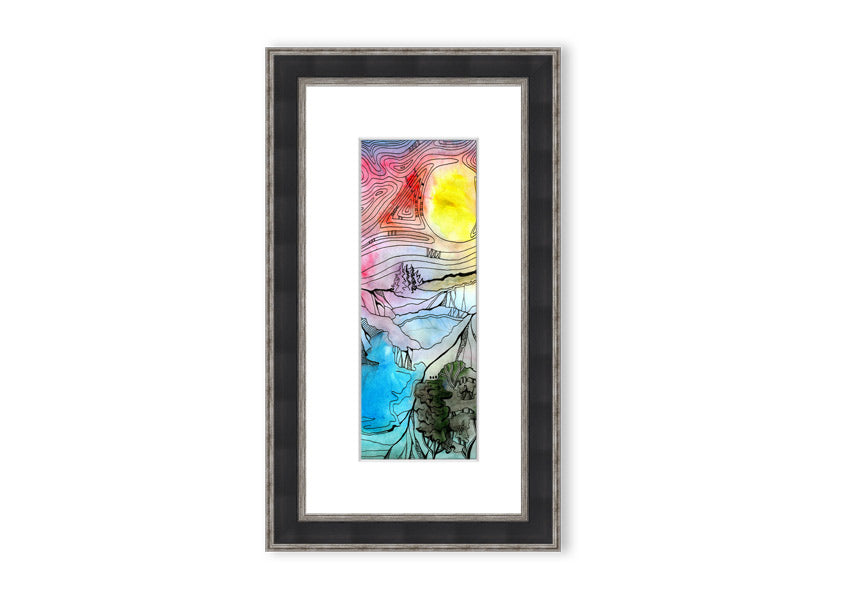 Framed print of an abstract sunset tree design, showcasing vibrant colors and a serene silhouette.