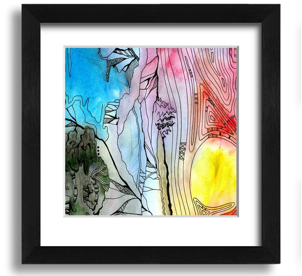 Abstract Sunset Tree framed print showcasing vibrant sunset colors and a tree silhouette, elegantly framed and ready to hang.