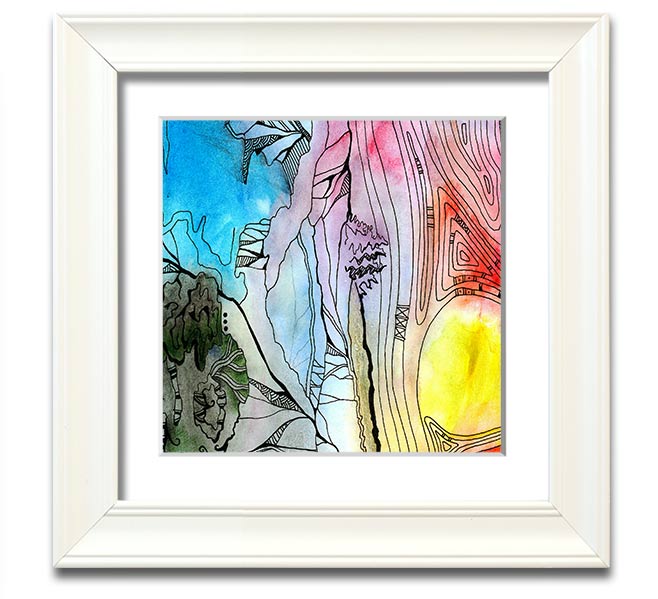 Abstract Sunset Tree framed print showcasing vibrant sunset colors and a tree silhouette, elegantly framed and ready to hang.