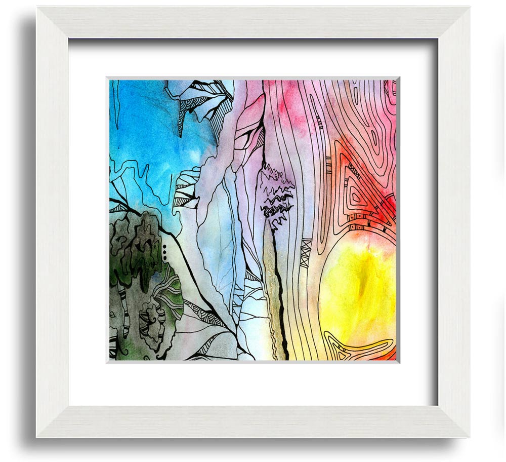 Abstract Sunset Tree framed print showcasing vibrant sunset colors and a tree silhouette, elegantly framed and ready to hang.