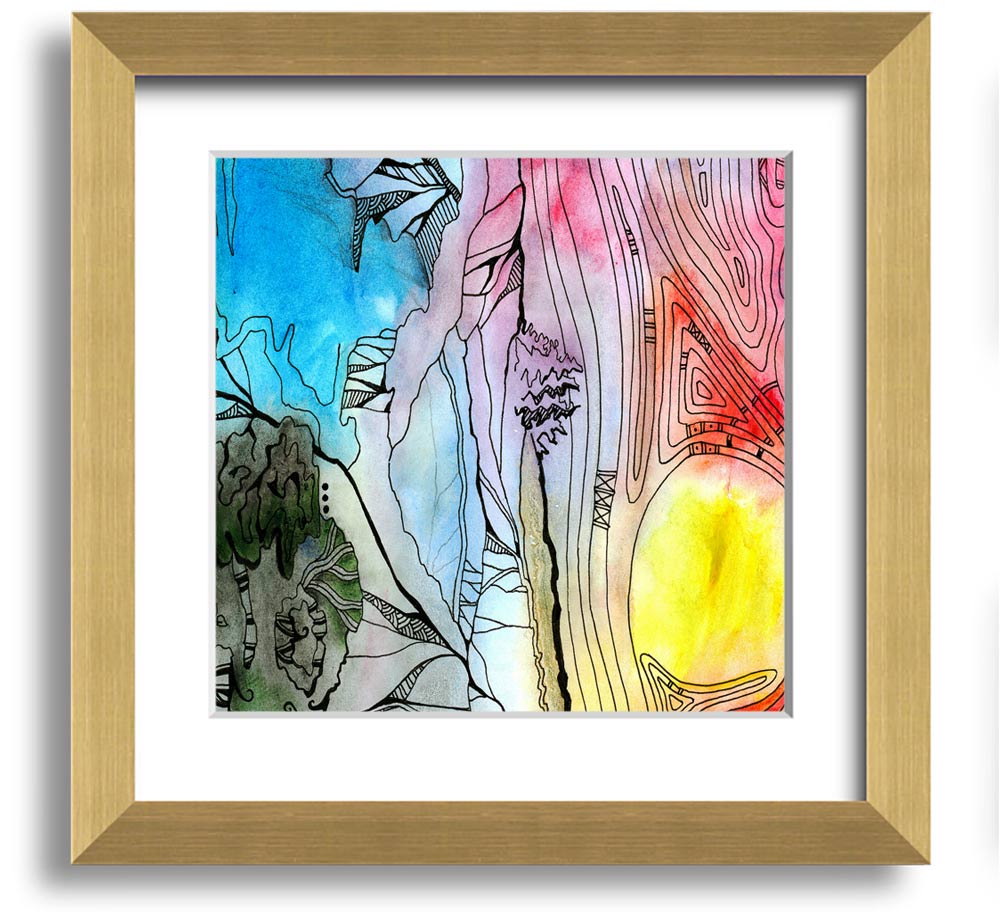 Abstract Sunset Tree framed print showcasing vibrant sunset colors and a tree silhouette, elegantly framed and ready to hang.