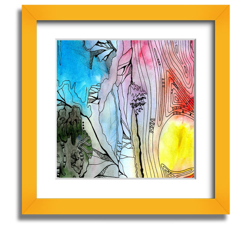 Abstract Sunset Tree framed print showcasing vibrant sunset colors and a tree silhouette, elegantly framed and ready to hang.