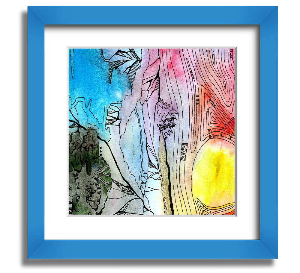 Abstract Sunset Tree framed print showcasing vibrant sunset colors and a tree silhouette, elegantly framed and ready to hang.