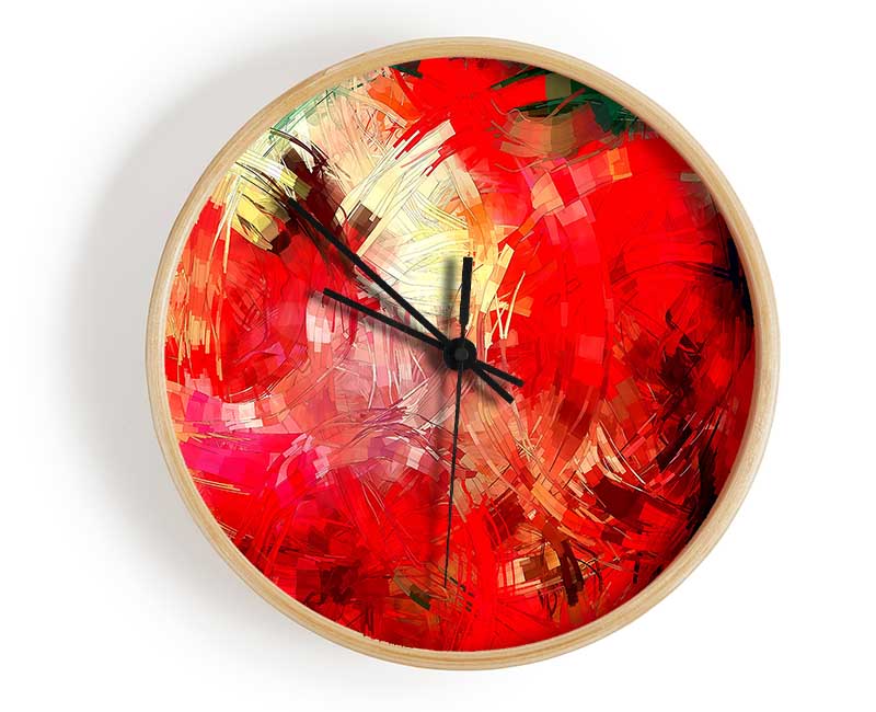 Abstract Swirl Design clock made from natural bamboo with a round face and clear Plexiglas lens, available in black, white, and natural frame colors.