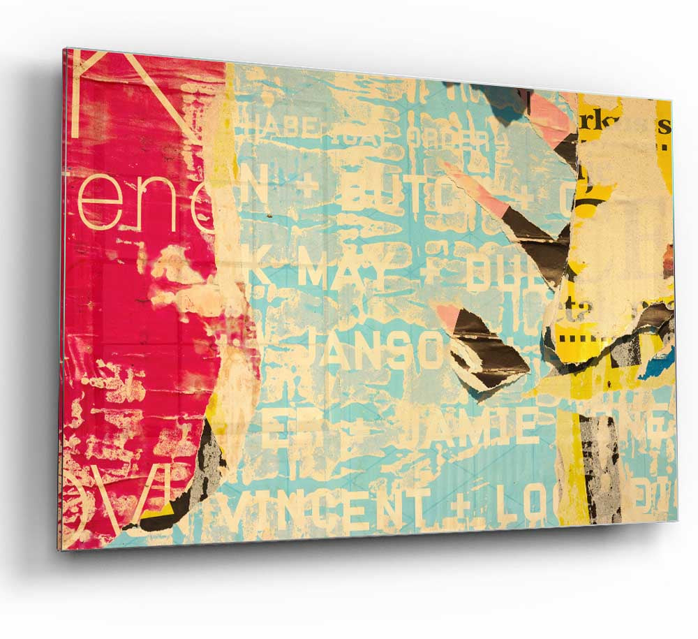 A modern abstract glass print featuring textured text design, perfect for stylish home decor.