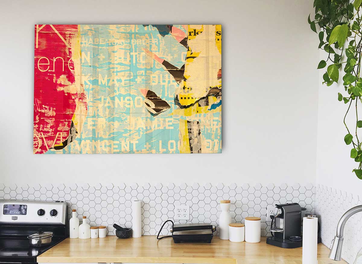 A modern abstract glass print featuring textured text design, perfect for stylish home decor.