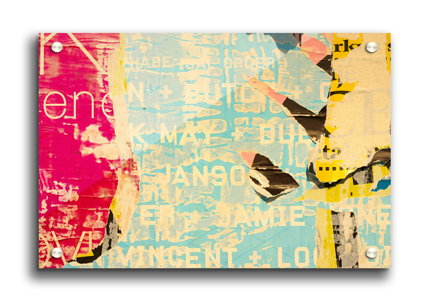 Abstract Textured Text acrylic print on 5mm thick glass, showcasing vibrant colors and modern design.